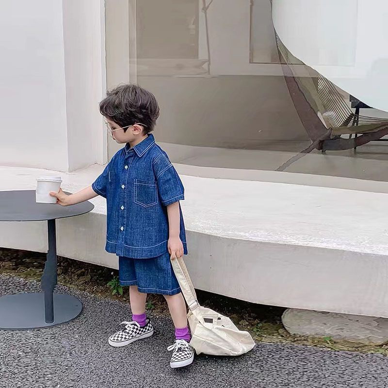 Bộ Đồ Thể Thao Áo Khoác Denim Tay Ngắn Phối Quần Lửng Dáng Rộng Thời Trang Mùa Hè Cho Bé Trai Và Gái