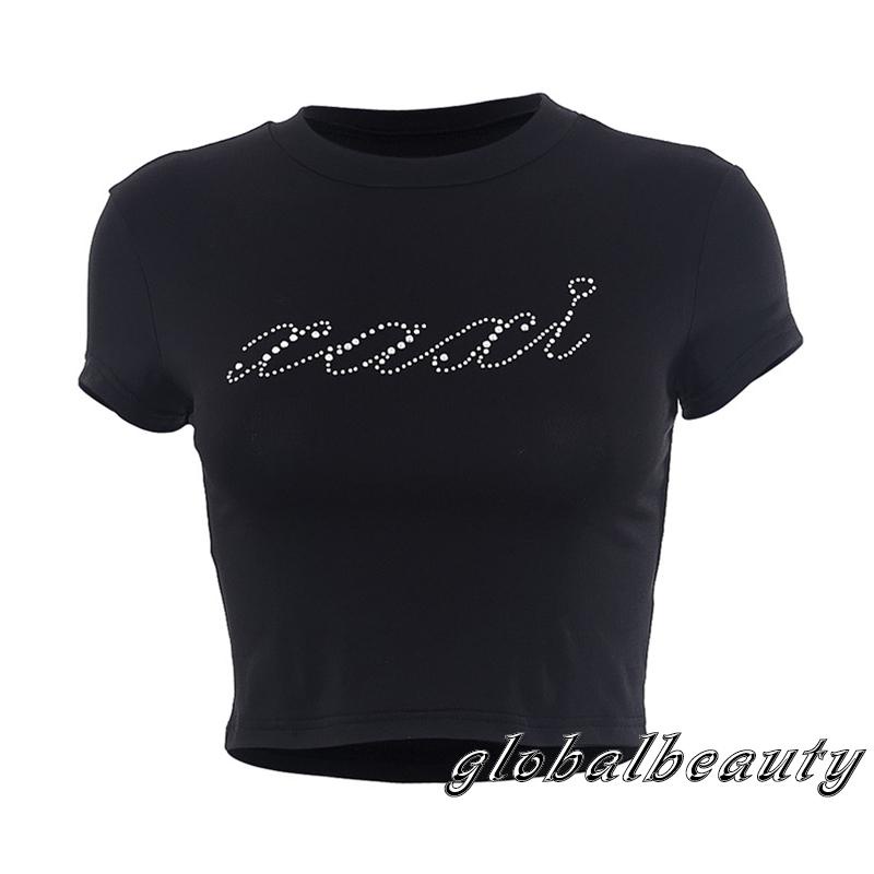 Áo Croptop Tay Ngắn Cổ Tròn Đính Đá Phong Cách Thời Trang Đường Phố Cho Nữ