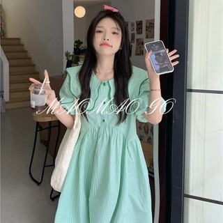   Mới Đầm Dáng Chữ A Tay Phồng Cổ Búp Bê Kẻ Sọc Caro Ngọt Ngào Cho Nữ