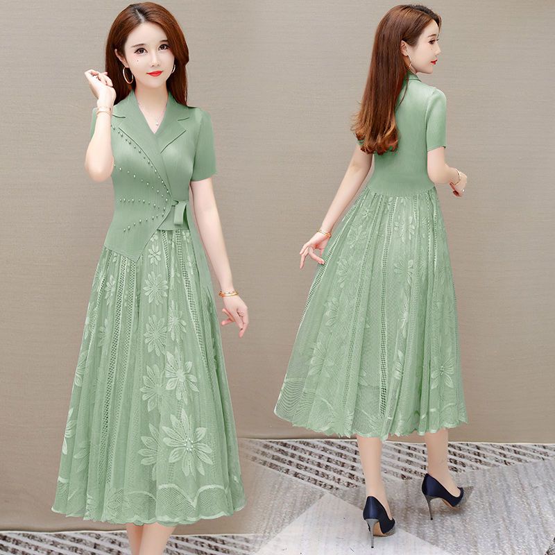 Đầm Tay Ngắn Giả Hai Lớp Phối Ren Phong Cách Mới Hàn Quốc Cho Nữ