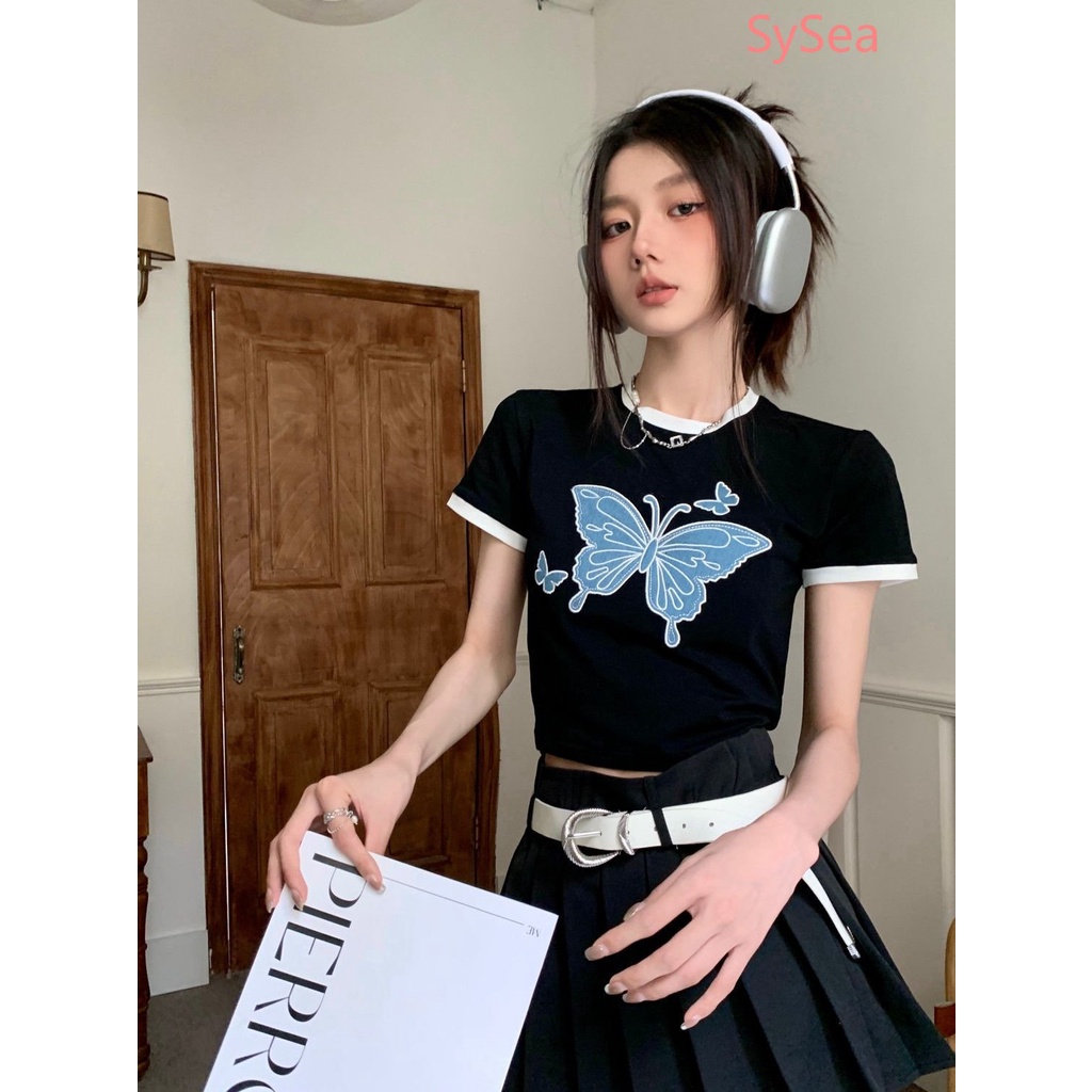 Áo Thun Form Ôm Họa Tiết Bướm Phong Cách Hàn Quốc