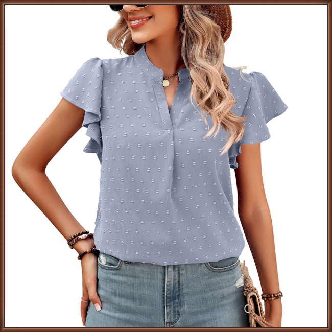 Áo Sơ Mi Chiffon Tay Ngắn Cổ Chữ V Phối Bèo Và Bóng Lông Màu Trơn Thời Trang Cho Nữ