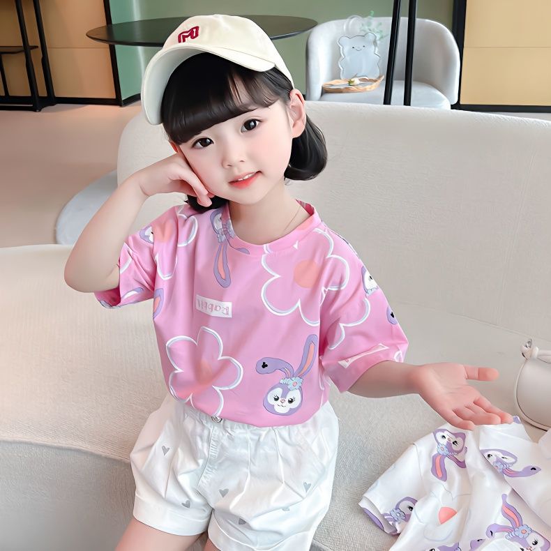 Áo Thun Tay Ngắn In Hình Thỏ Hồng Cho Bé Gái