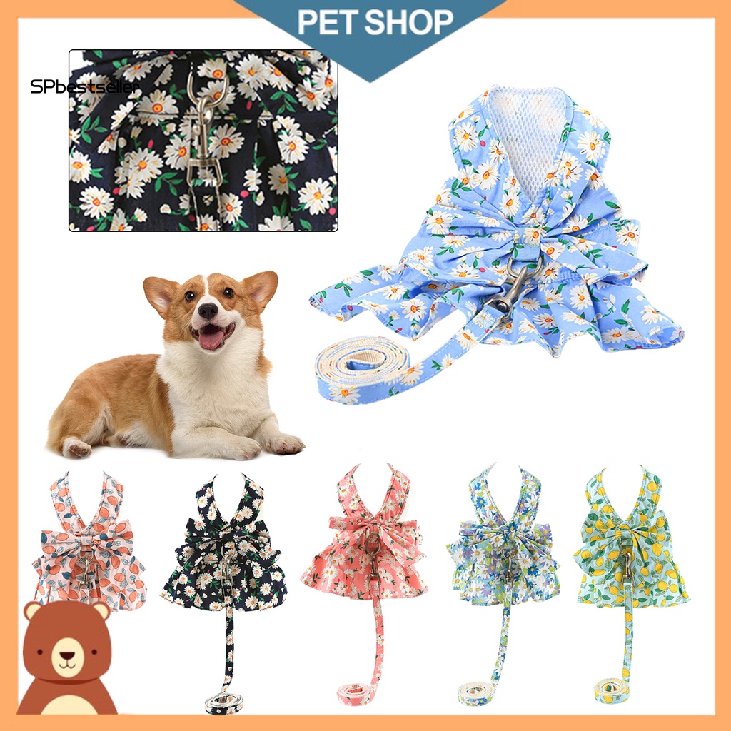 Set Áo Yếm + Áo Hai Dây Họa Tiết Hoa / Trái Cây Thoáng Khí Kèm Dây Dắt Dành Cho Thú Cưng