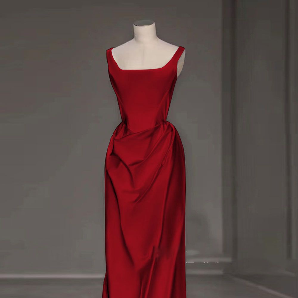 Satin Suspender Cô dâu Váy bánh mì nướng màu đỏ Thiết kế đơn giản Đuôi cá Nhỏ hàng ngày Cảm ơn bạn Đính hôn Váy dạ hội