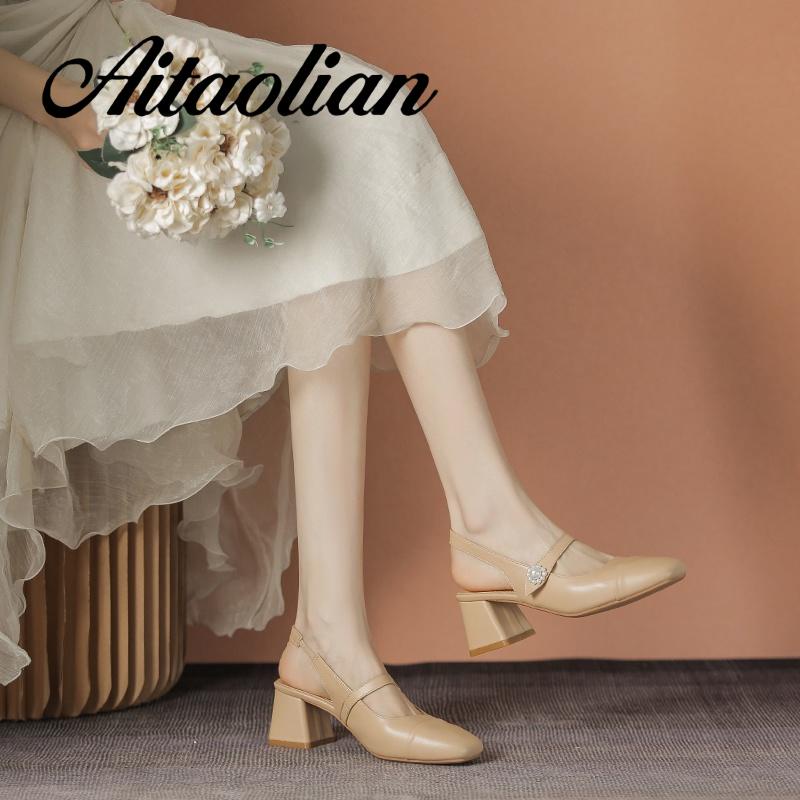 Xăng đan Da Mềm Cao Gót 5cm Màu Trơn Thời Trang Cho Nữ