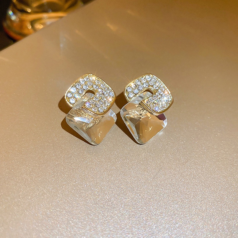 Bông Tai Mạ Bạc 925 Hình Học Đính Kim Sa Lấp Lánh Phong Cách Hàn Quốc Dễ Phối Đồ