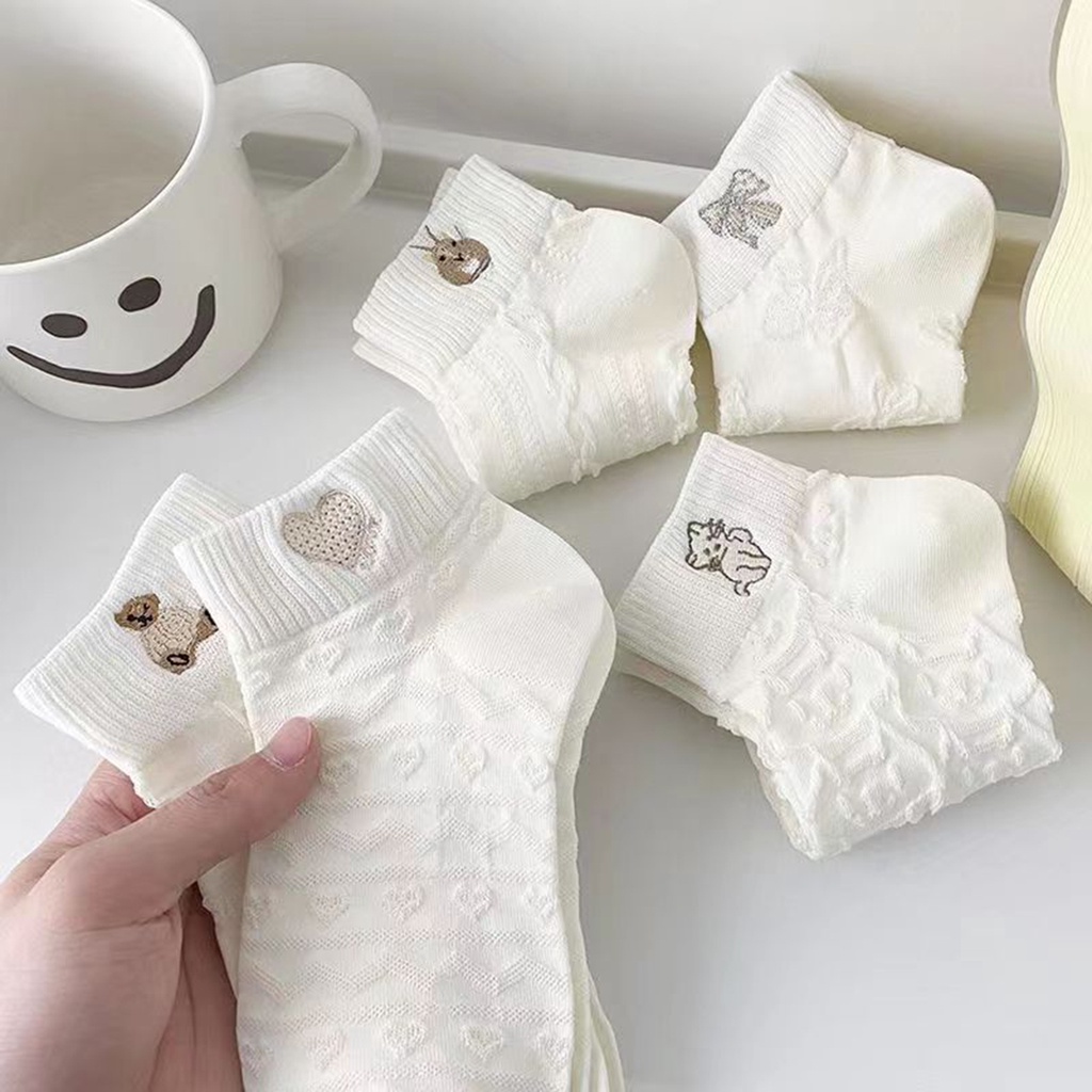 1 Đôi Tất Cotton Trắng In Hình Gấu Hoạt Hình Dễ Thương Thời Trang Mùa Hè Cho Học Sinh