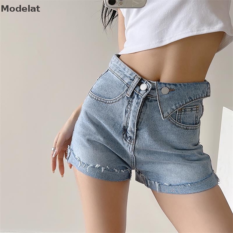 Quần Short Jean Lưng Cao Co Giãn Màu Trơn Đơn Giản Thời Trang Mùa Hè 2023 Phong Cách Hàn Quốc Cho Nữ