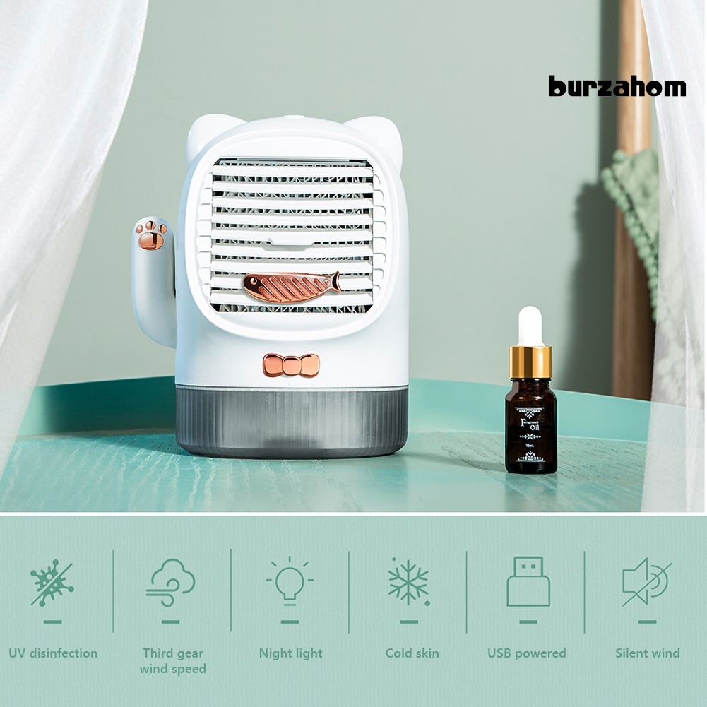 Quạt Điều Hòa Làm Ẩm Không Khí Có Đèn LED UV Hình Mèo May Mắn Sạc Cổng USB