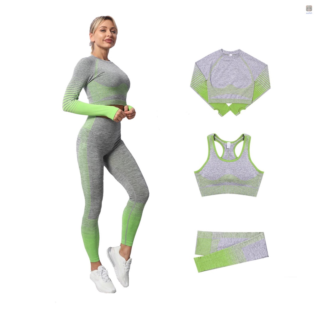 Bộ Trang Phục Thể Thao 3 Món Short + Áo Thun Tay Dài + Áo Ngực Thể Thao + Quần Legging Lưng Cao Có Lỗ Xỏ Ngón Tay