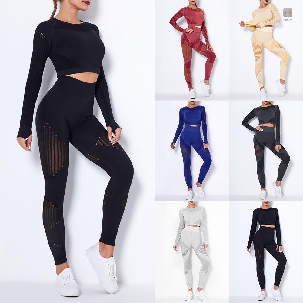 Set Đồ Tập Thể Thao Gồm Áo Croptop Dài Tay Và Quần Legging Lưng Cao Họa Tiết Sọc Thời Trang Cho Nữ