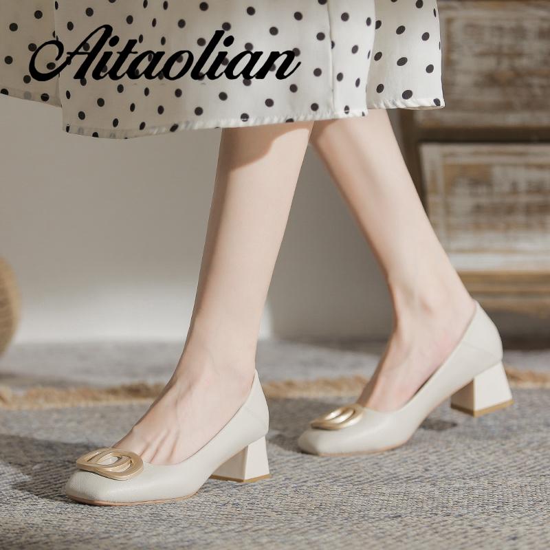 Giày Cao Gót 4cm Da Mềm Mũi Tròn Phong Cách retro Anh Quốc