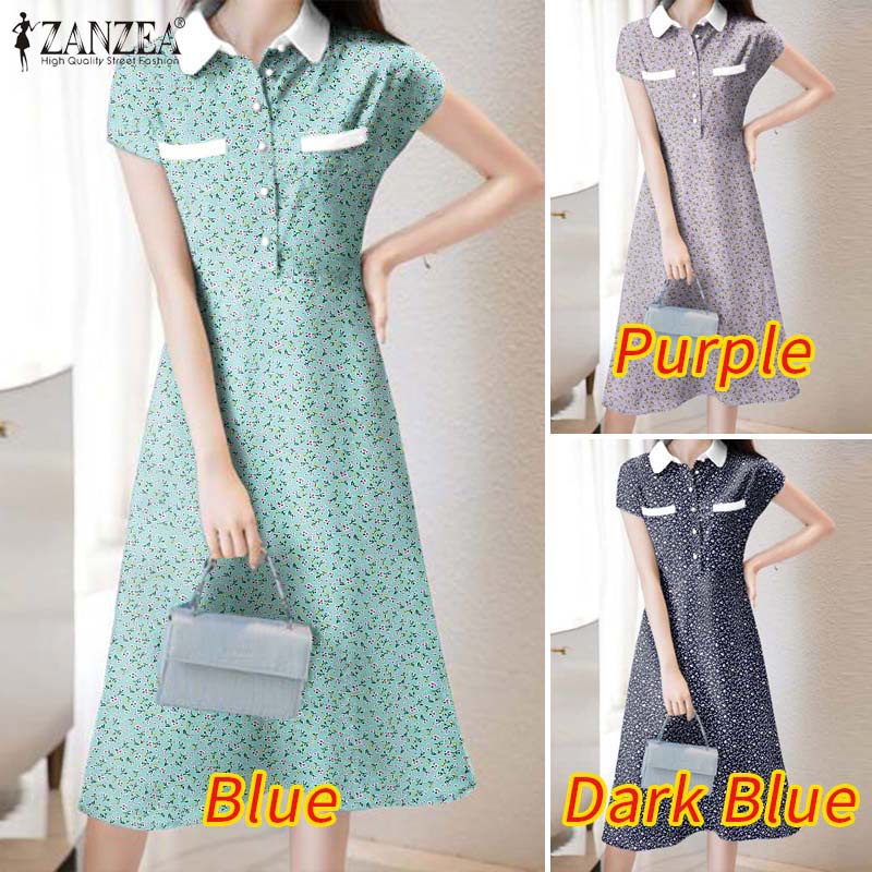 Zanzea Đầm Nữ Ngắn Tay Cổ Bẻ Thời Trang Hàn