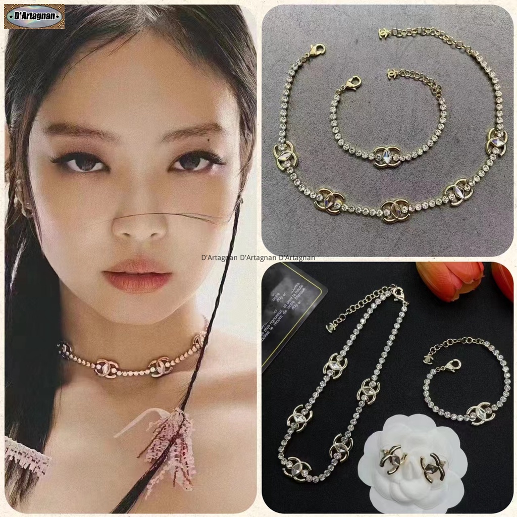 'TOP'CC 23P Vòng cổ ngắn Jennie cùng chuỗi kim cương 5 chuỗi logo trang trí choker đồng mạ vàng với thép in Hàn Quốc 2023 vòng cổ nữ tái tạo mới