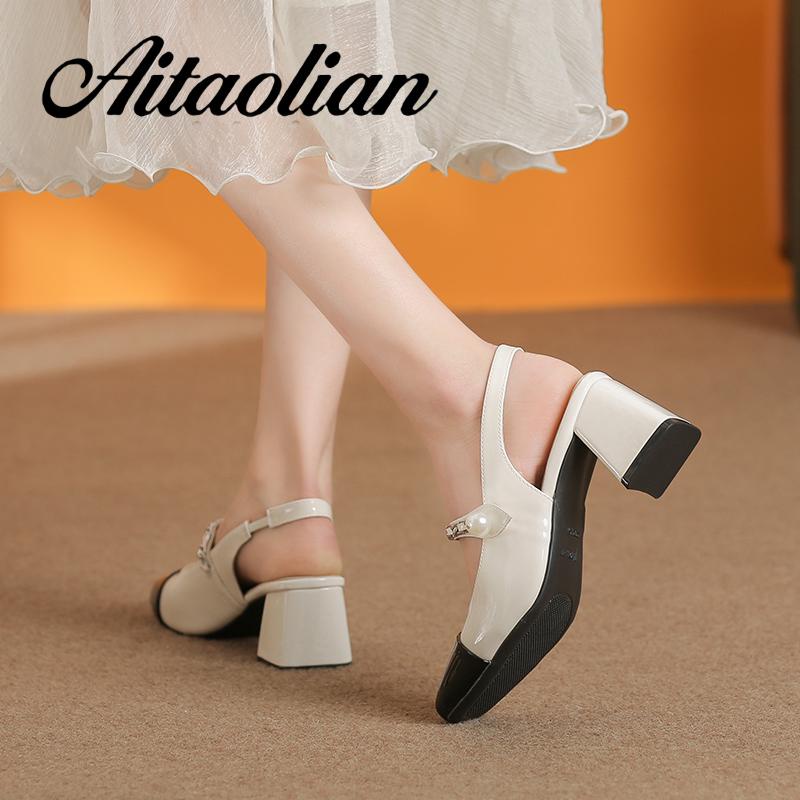 Xăng đan Cao Gót 5cm Bằng Da Bóng Mũi Tròn Đế Mềm Màu Trơn Cho Nữ mary jane