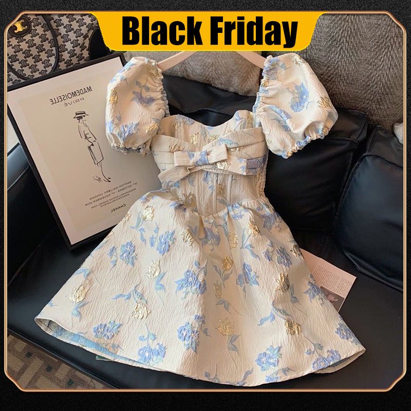 Đầm chữ A jacquard tay phồng phong cách Pháp cổ điển thời trang mùa hè dành cho nữ