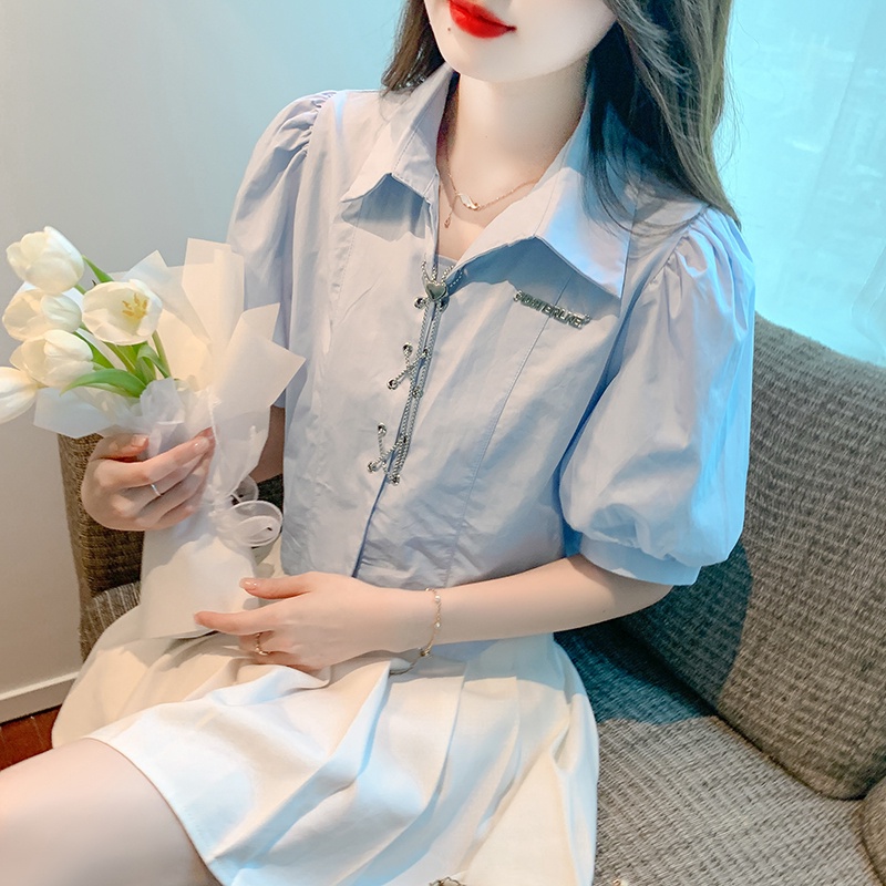 Áo Sơ Mi Tay Phồng Cổ Polo Thiết Kế Chuỗi Xích Đơn áo cr Giản Thanh Lịch Phong Cách Mới 2023 Dành Cho Bạn Nữ