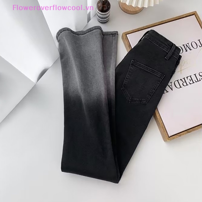 Quần Jeans Nữ Lưng Cao Ống Loe Màu Đen Phong Cách Harajuku