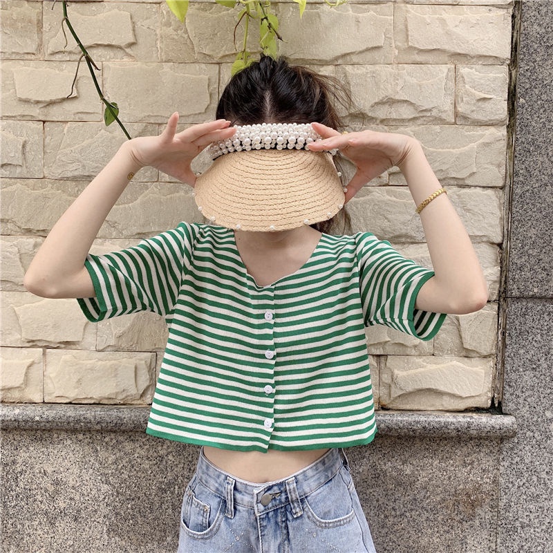 IELGY    Áo Thun Ngắn Tay Họa Tiết Sọc Ngang Thời Trang Dành Cho Nữ