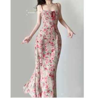 Đầm Dài Hai Dây Dáng Ôm In Họa Tiết Hoa Phong Cách Pháp Cổ Điển Thời Trang Cho Nữ