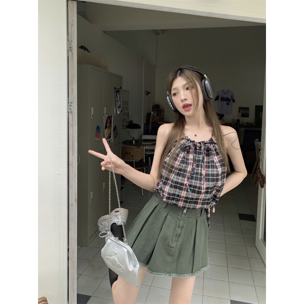 NZN Áo Hai Dây Kẻ Sọc Caro Mùa Hè Phiên Bản Mới Hàn Quốc Cho Nữ