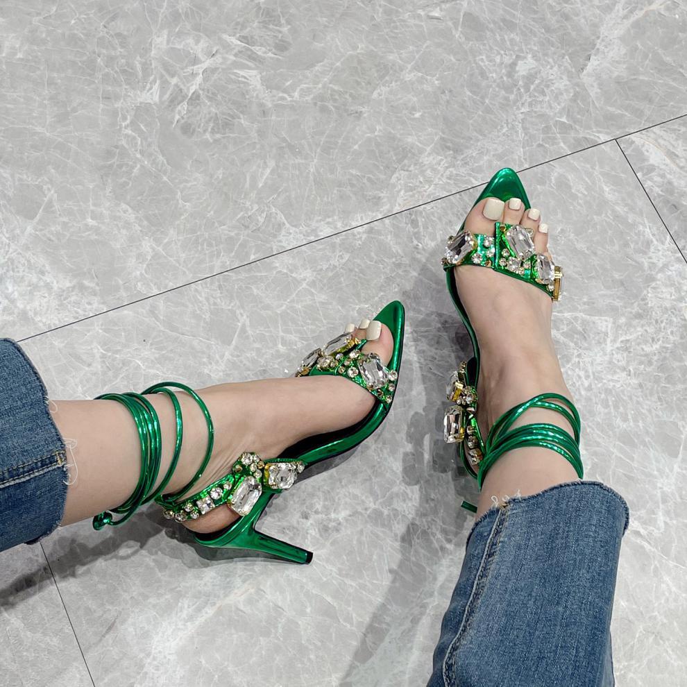 Giày Cao Gót 8.5cm 11CM Mũi Nhọn Gót Thấp Đính Đá Thời Trang Mùa Hè Phong Cách Âu Mỹ Hàng Mới 2023