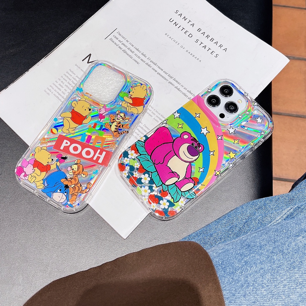 Ốp Điện Thoại TPU Dẻo Màu Laser Họa Tiết Gấu Dâu Tây / Gấu Pooh Dễ Thương Chống Rơi Cho iPhone 12 13 14 Pro Max