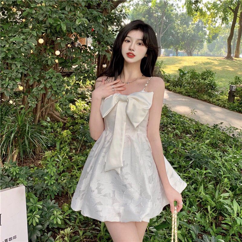 Đầm Hai Dây Jacquard Nhỏ Thắt Nơ Ba Chiều Phong Cách Hàn Quốc Ngọt Ngào Thời Trang Mùa Hè Mới Dành Cho Bạn Nữ