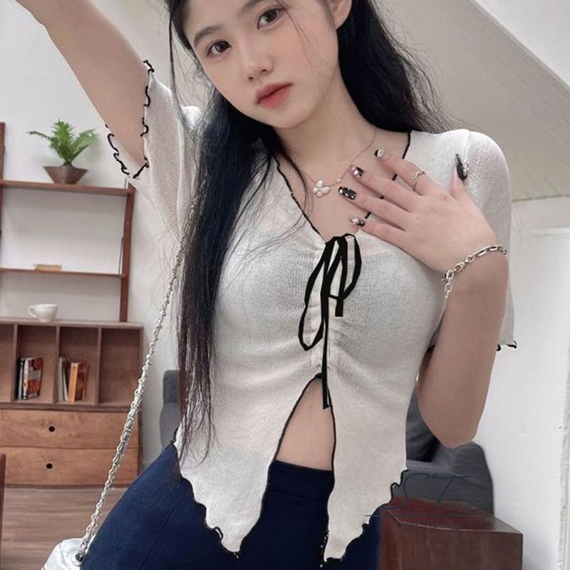 Áo Thun Tay Ngắn Cổ Chữ V Phối Dây Rút Thời Trang CY03 Cho Nữ