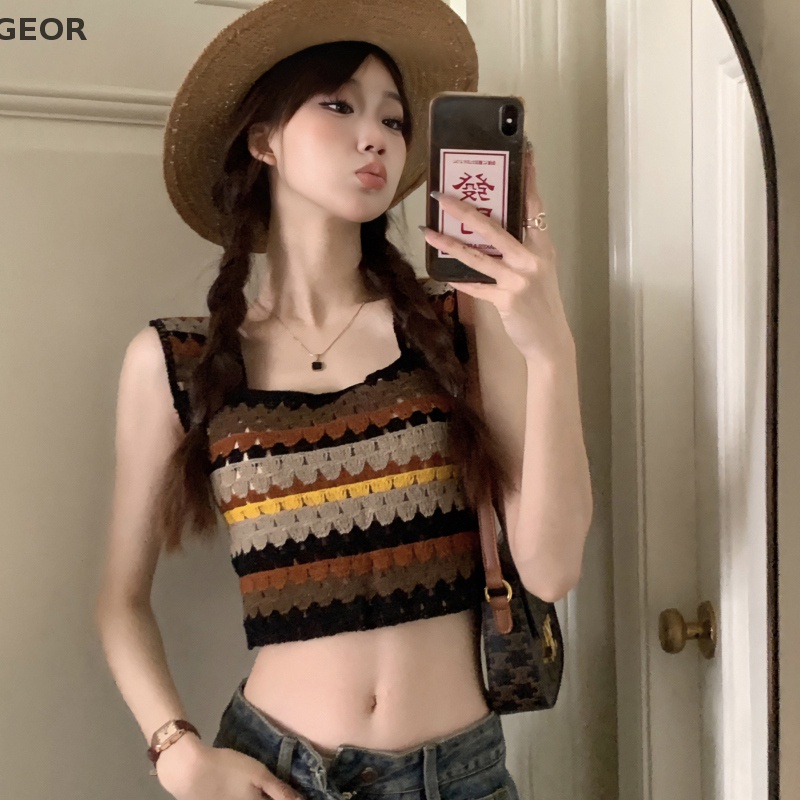 Geor Áo Dệt Kim Không Tay Thêu Họa Tiết Kẻ Sọc Rỗng vintage Mùa Hè Cho Nữ vn
