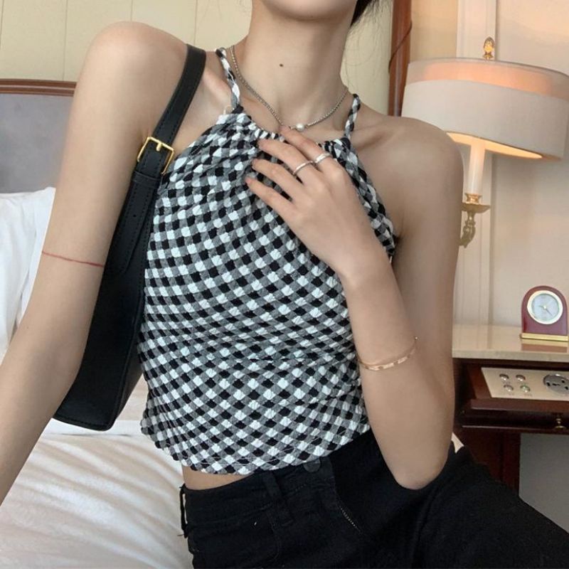 NZN Áo Hai Dây Hở Lưng Họa Tiết Sọc Caro Thời Trang Mùa Hè