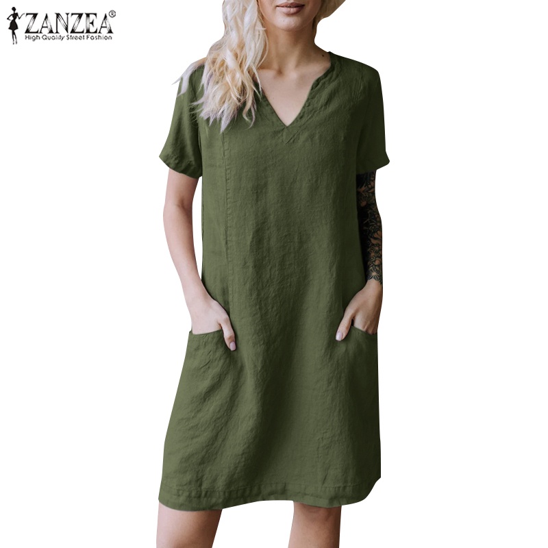 ZANZEA Đầm Ngắn Tay Cổ Chữ V Có Túi Phong Cách Vintage Nữ Tính