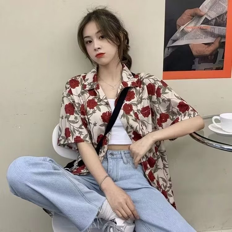 Áo Sơ Mi Tay Ngắn In Họa Tiết Hoa Hồng Phong Cách Nhật Bản Thời Trang Mùa Hè Cho Nữ