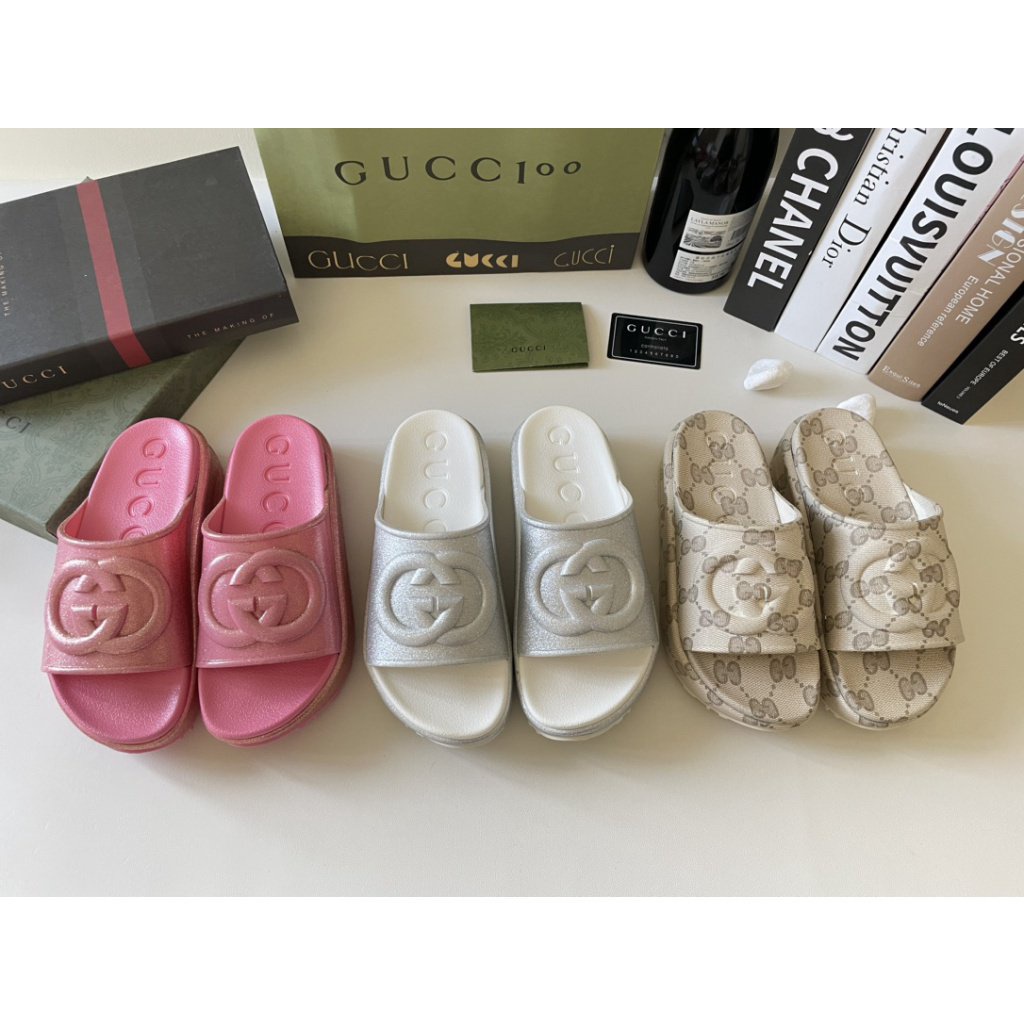 Dép Da Thật Đế Dày Màu Pha Lê Gucc1 5.0cm PUP8 Cho Cặp Đôi