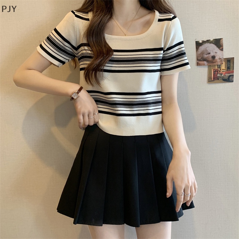 Áo Croptop Dệt Kim Ngắn Tay Cổ Vuông Họa Tiết Kẻ Sọc Phong Cách Vintage