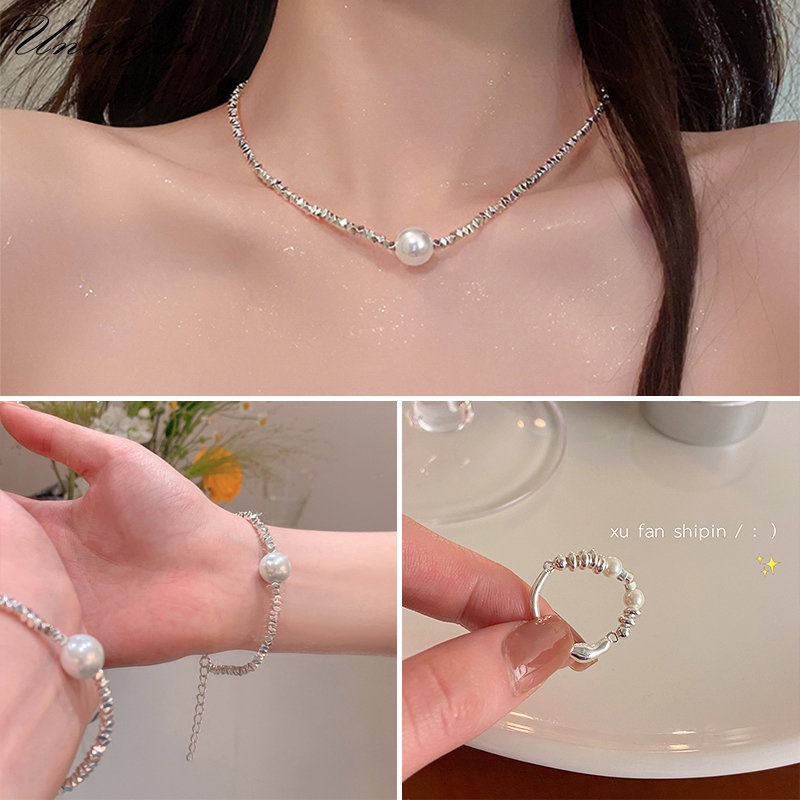 YEEZII Bộ Trang Sức Vòng Cổ Nhẫn Vòng Tay Co Giãn Bằng Kim Loại Đính Hạt Ngọc Trai Dành Cho Nữ