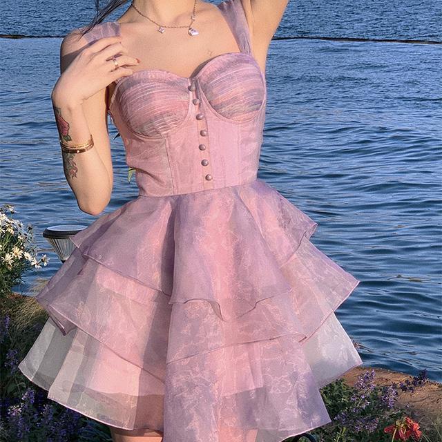 Đầm Công Chúa Hai Dây Dáng Ngắn Màu Tím Phong Cách Pháp Quyến Rũ Cho Nữ