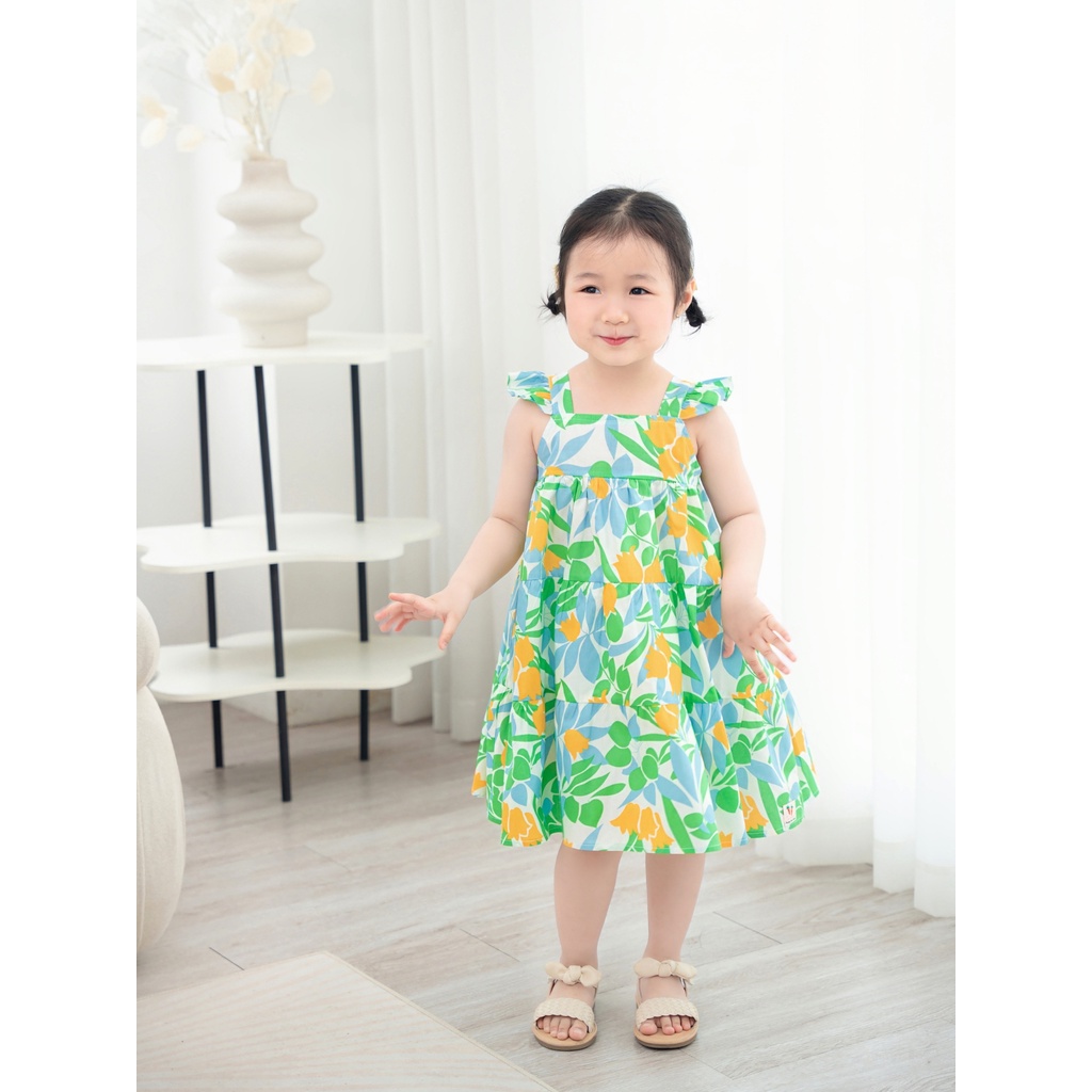 Váy Bé Gái Carrot 2 Dây Cánh Tiên, Họa Tiết Lá Xanh, Chất Thô Cotton Thoáng Mát Thấm Hút Mồ Hôi