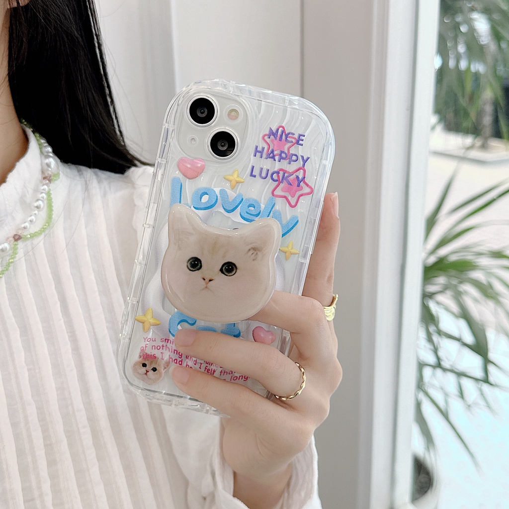 Ốp Điện Thoại TPU Dẻo Trong Suốt Họa Tiết Hoạt Hình Chú Mèo Kèm Giá Đỡ Cho iPhone 13 12 11 Pro Max 14 Plus