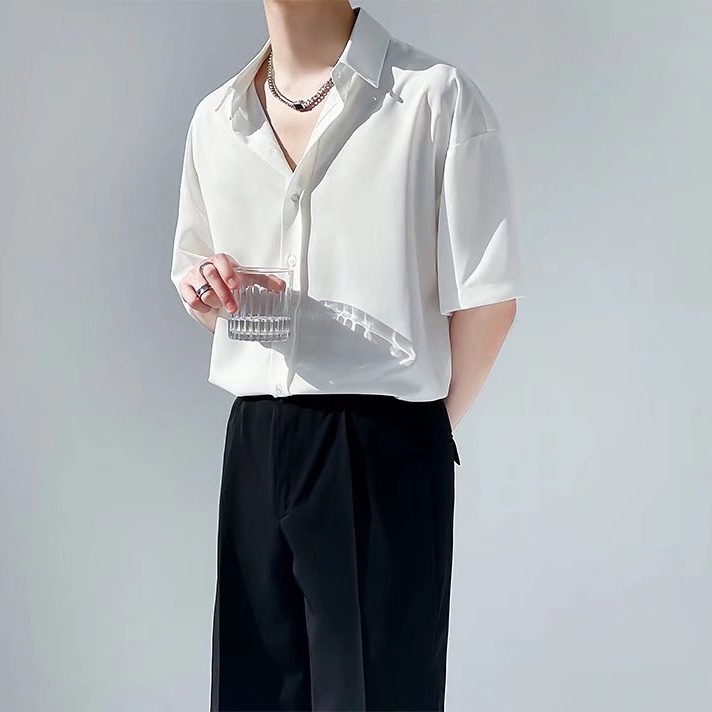 Áo Sơ Mi Ngắn Tay Dáng Rộng Màu Trơn Thời Trang Mùa Hè Hàn Quốc Dành Cho Nam