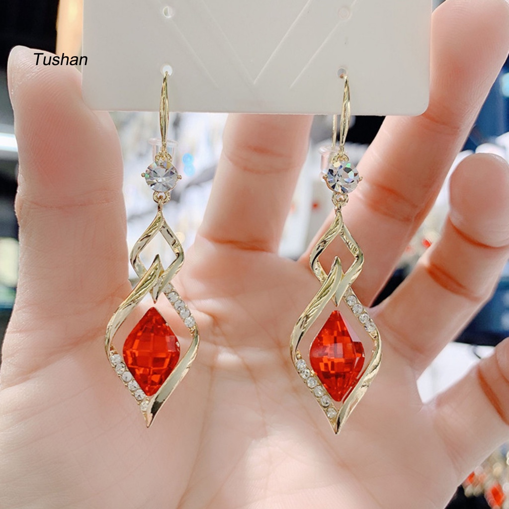 1 Đôi Bông Tai Treo Hình Thoi Đính Pha Lê Lấp Lánh Dành Cho Nữ