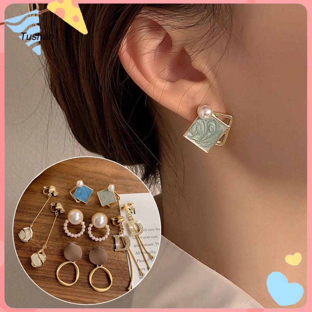 [Ts] 5 Đôi Bông Tai Tua Rua Dáng Chữ D Đính Ngọc Trai Giả Trang Sức Tiệc Cưới