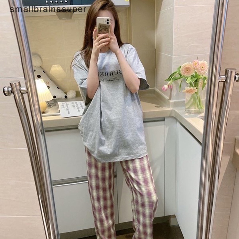 Bộ Đồ Ngủ Áo Hai Dây Phối Quần Dài Sọc Caro Thời Trang Cho Bạn Gái