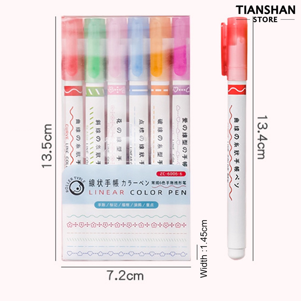 Set 6 Bút Đánh Dấu Đường Cong Nhanh Khô Nhiều Màu Sắc
