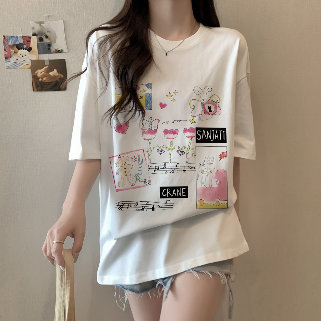 Áo Thun Tay Ngắn Dáng Rộng In Họa Tiết Thời Trang Mùa Hè Phong Cách Hàn Quốc Mới Cho Nữ