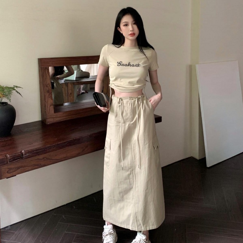 Bộ Áo Thun Ngắn Tay + Chân Váy Chữ A Lưng Cao Thời Trang Vintage Đơn Giản Cá Tính 2023