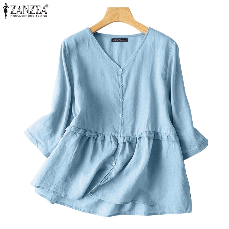 ZANZEA Áo Sơ Mi Nữ Tay Lửng Cổ Chữ V Màu Trơn Phong Cách Hàn Quốc