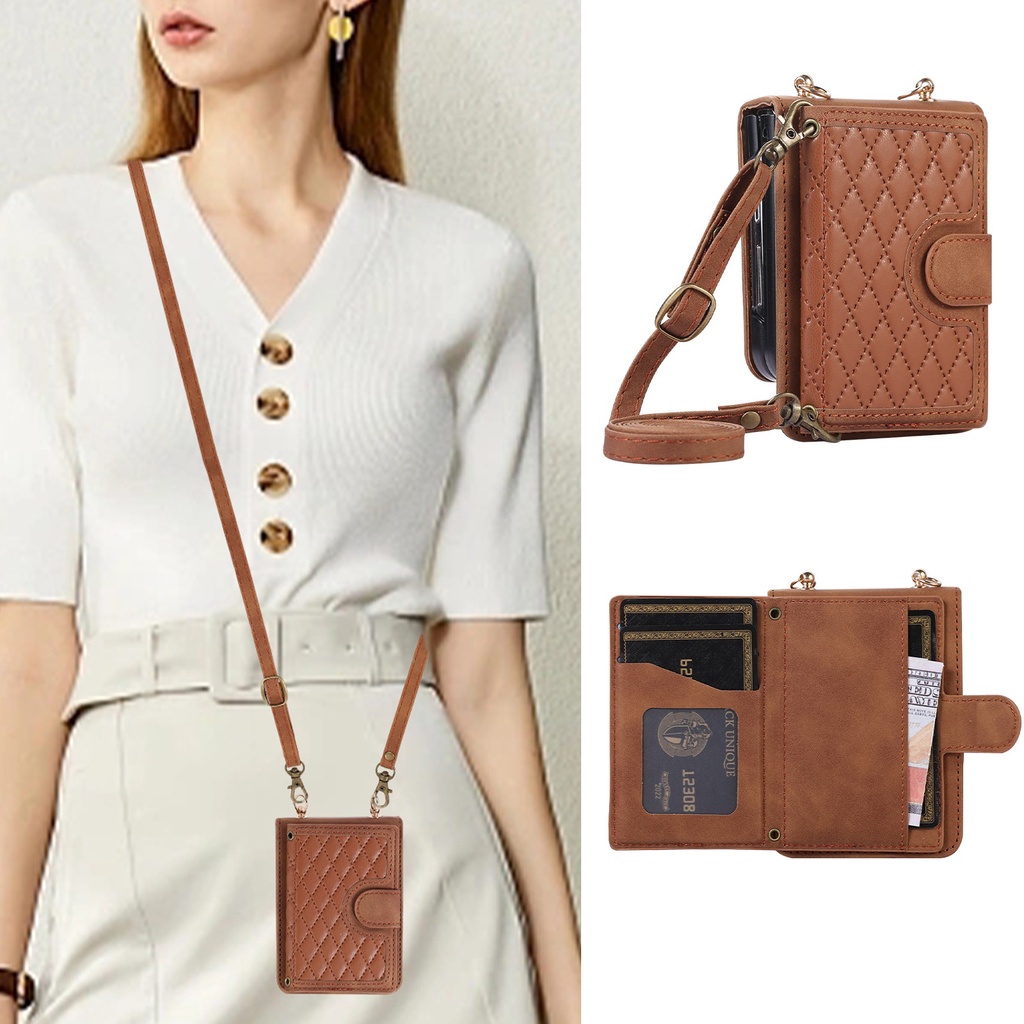 Cho Samsung Z Flip 5 Flip 4 3 5G Galaxy Flip5 Bao Da Điện Thoại Dạng Ví Nắp Lật Có Ngăn Đựng Thẻ Và Dây Đeo Vai