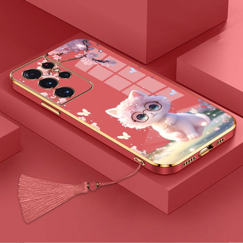 Ốp Điện Thoại TPU Silicon Mềm Mạ Viền Hình Mèo Kèm Dây Đeo Cho Samsung S23 Ultra S23 Plus S23